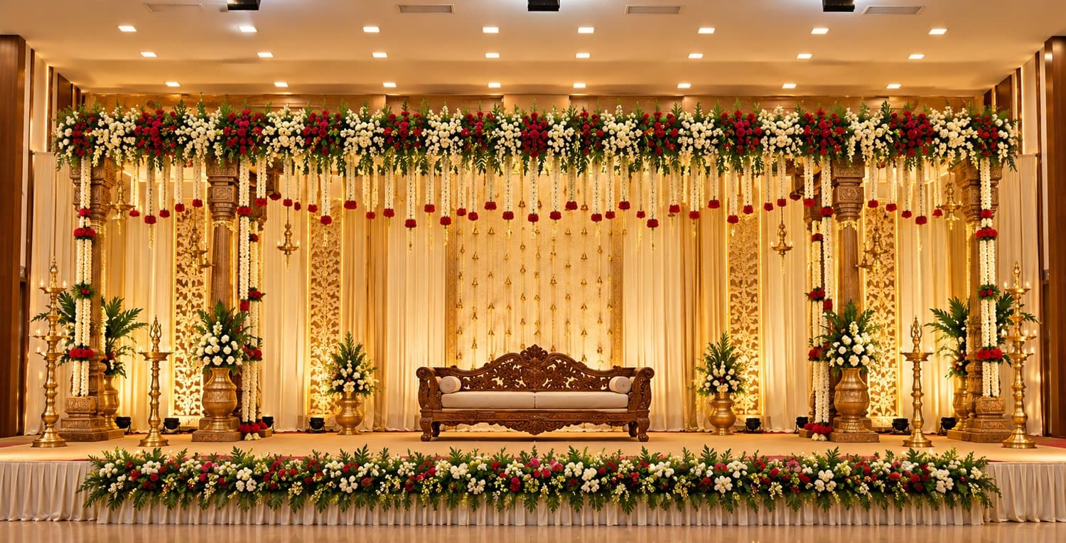 The wedding stage, hung with red and white flower garlands and jasmine strands, with brass lamps and a carved wooden sofa at the centre
